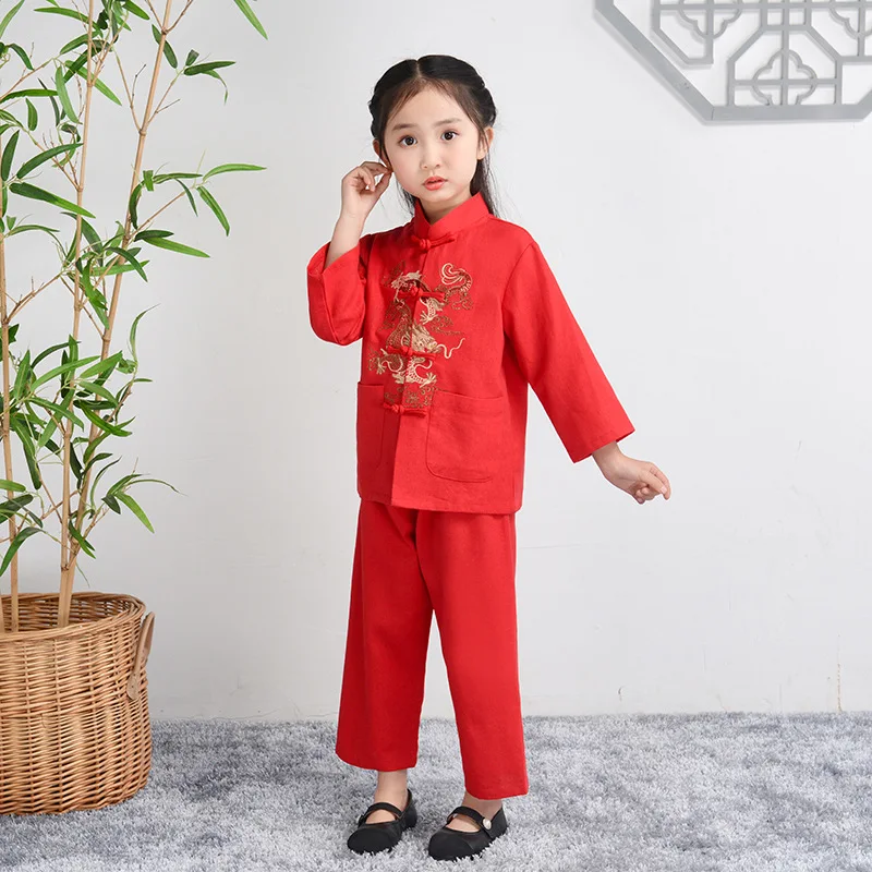 Jongens Katoenen Lijn Tang Kleding Lange Mouw Hanfu Set Kind Chinese Stijl Shirt & Broek 2 Stuks Outfit Borduren Dragon Kongfu Kostuum