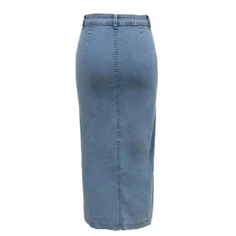 

Skirt Stylish Women's Denim Skirt with High Waist Button Placket Irregular Slit Design Solid Color Midi Skirt for A