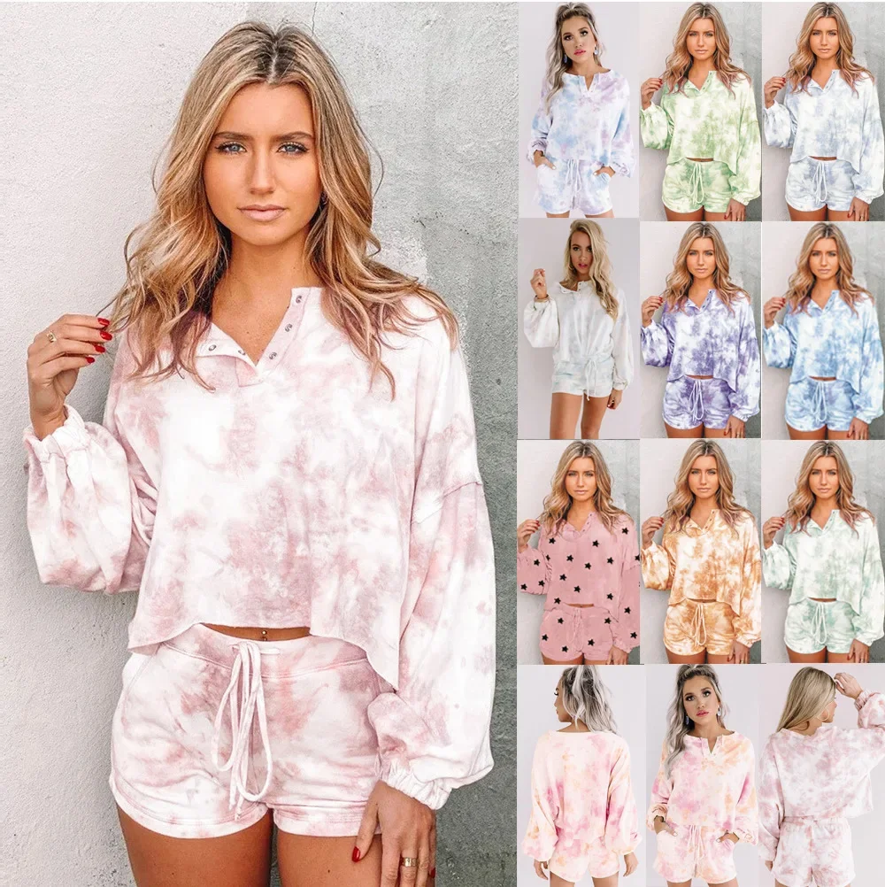 Europe and the United States new home wear 2-piece set tie dye printed loose T-shirt cover long sleeve shorts suit for women