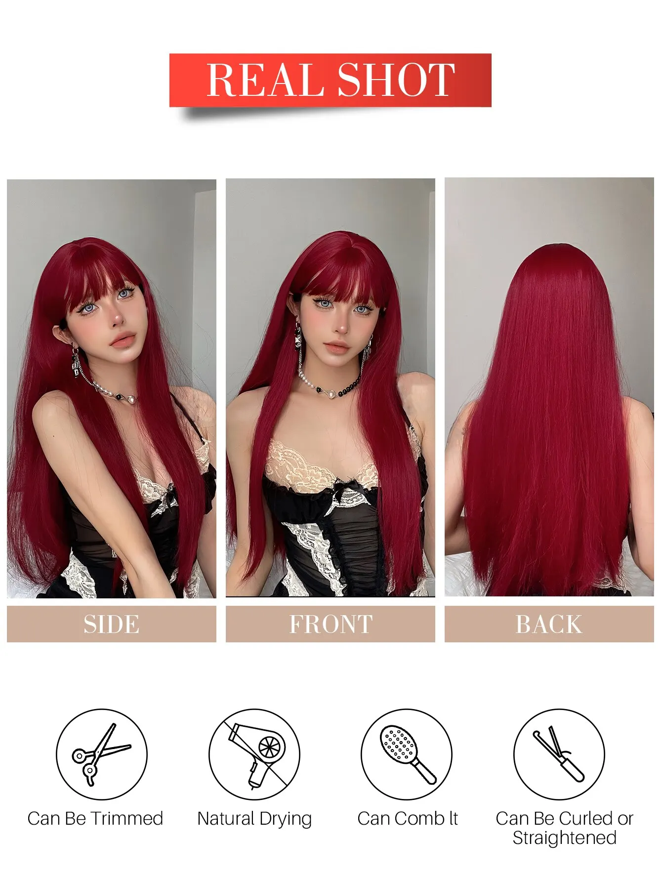 Vinho longo vermelho perucas retas para mulheres peruca de cabelo sintético com franja festa diária natural cosplay peruca resistente ao calor