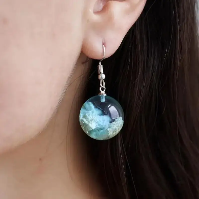 New Nightlight Planet Blue Sky White Cloud Forest Style Transparent Spherical Resin Fashion Earrings for Men and Women