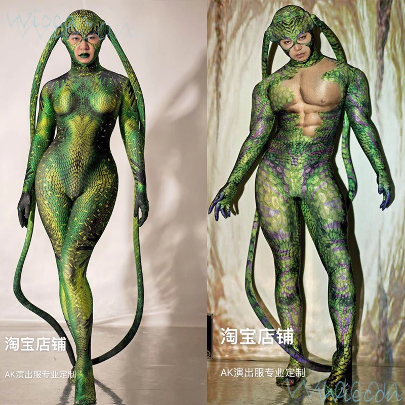 Jumpsuit High Resilience One Size Cosplay Costume Green Suit With Long Tentacle Holloween Party Roleplay Stage Set Women Men