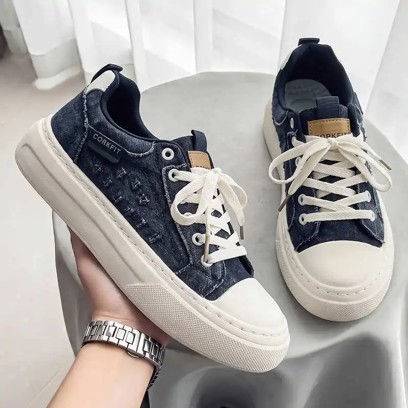 Men Breathable Canvas Lace-up Vulcanized Sneakers Non-Slip Lightweight Comfortable Casual Walking Shoes for Outdoor Daily