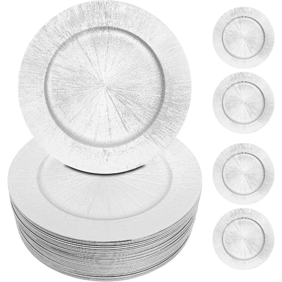 

50 Pack Silver Charger Plates Set 13 In Round Charger Plates Plastic Bulk Reusable Serving Plastic Embossed Dinner Plate for Ta