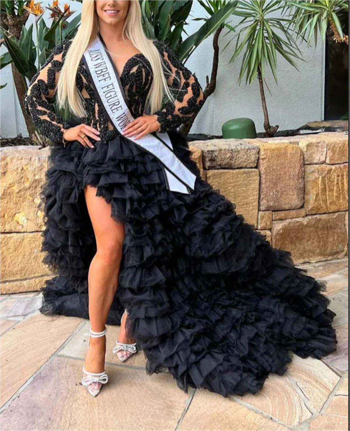 Vestido de noite preto de luxo feminino, Manga comprida, Ruffles, Tule, Sexy, Dubai, Vestidos de baile, Personalizado, Pérolas, Novo, 2021