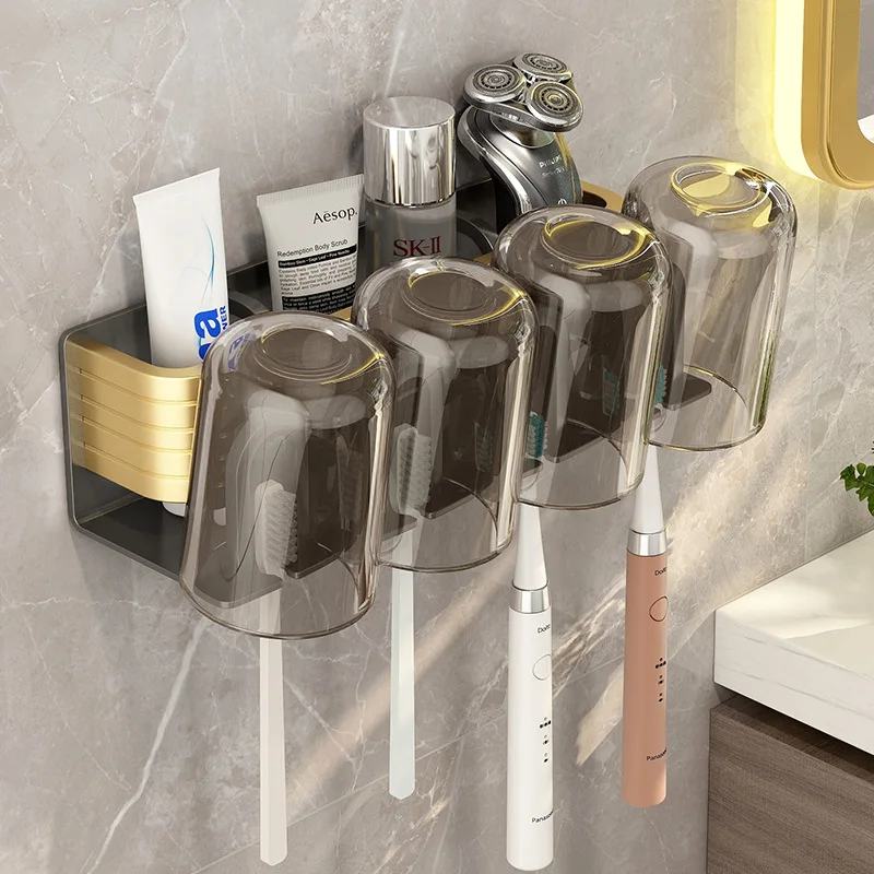 

No Drill Toothbrush Holder - Wall Mount Organizer for Electric Brushes & Cups, Space Saving Bathroom Shelf (2-4-Pack)