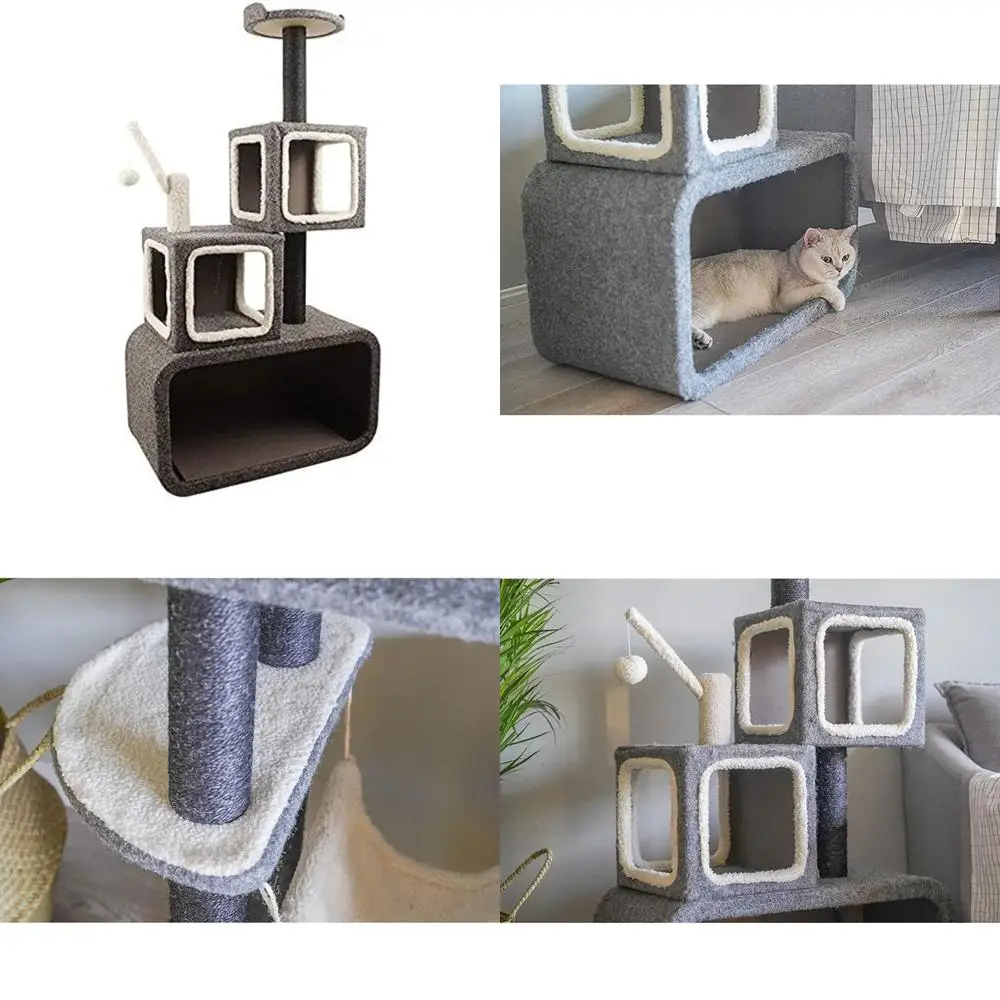 

Interactive Cat Activity Center with Sisal Scratching Posts, Detachable Top Perch, Plush Fabric, and Toys for Multi-Level Play