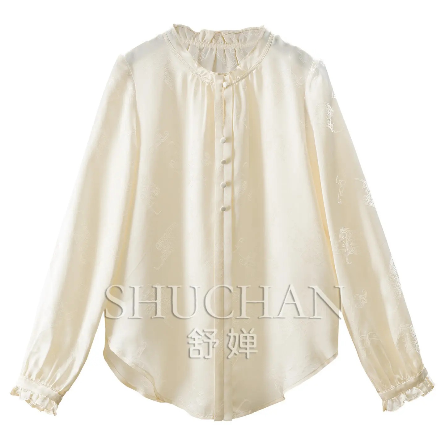 100% Natural Silk Jacquard Satin Gentle Fungus Edge Shirt Women's E061 Blusa Feminina Tops Mujer