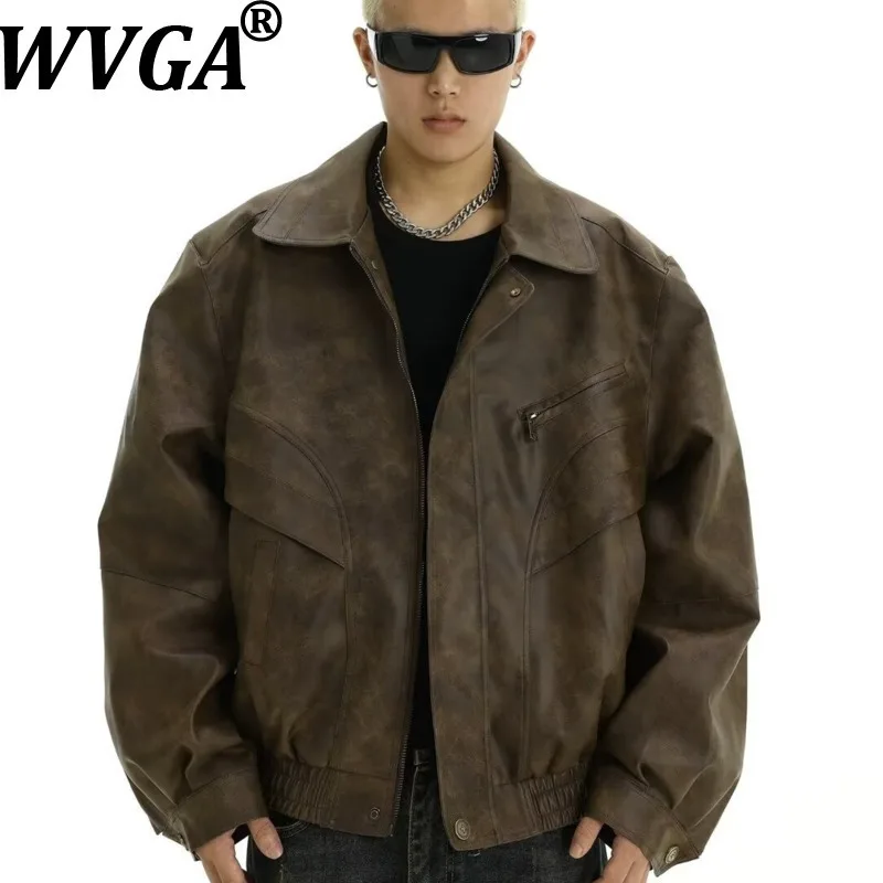 

WVGA Autumn Winter New Men Tide Vintage Trendy Zipper Turn-Down Collar Leather Jacket Niche Chic Casual Long Sleeve Coats W15585