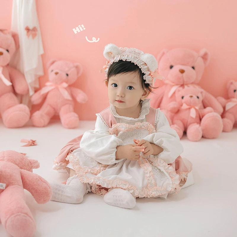 1 Year Old Baby Shoot Clothing Cute Baby Girl Lolita Dress Pink Bear Doll Children Photo Props Bear Ear Headwear Dress Socks Set