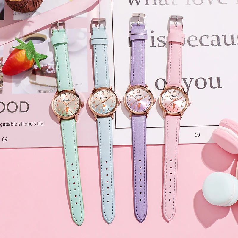 Children\'s Cute Cat Watch Simple Rhinestone Girls Wristwatches Gradient Color Leather Quartz Kids Clock Child Gift montre enfant