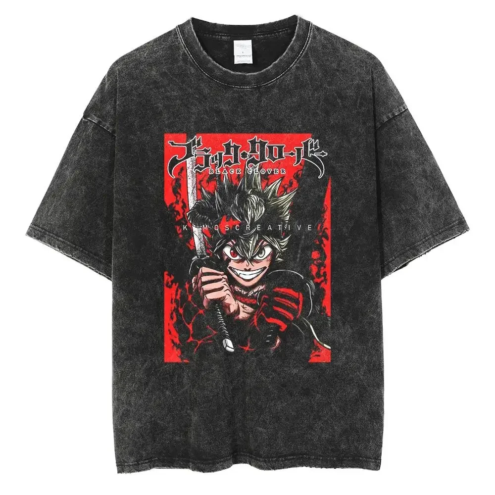 

American Retro Black Clover Cartoon Printing Washed Pure Cotton Round Neck T-shirt Short Sleeve Man