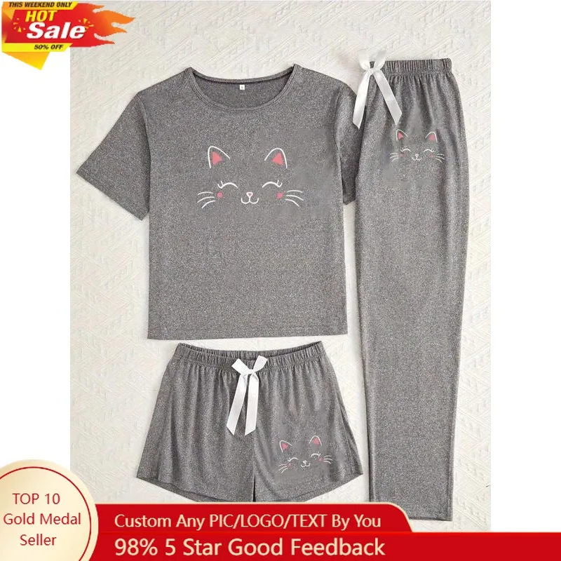 

Women's 3-Piece Pajama Set with Cat Face Print, Casual Fitted Sleepwear for All Seasons, Comfortable Moderate Fabric Loungewear