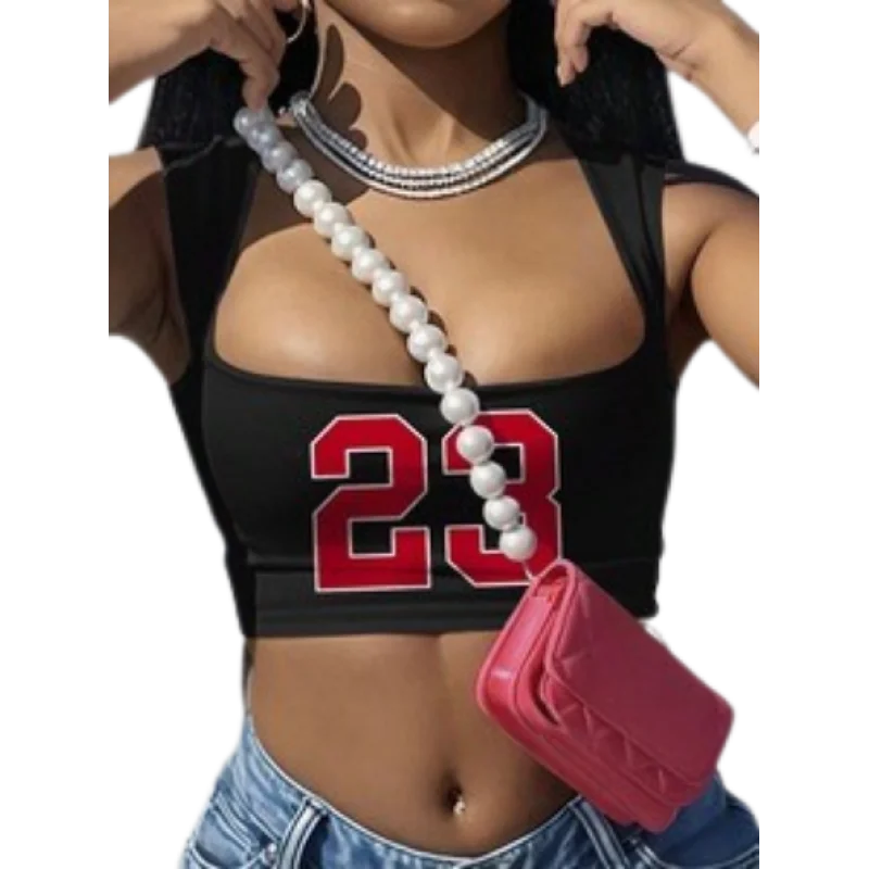 유럽과 미국의 거리 힙합 오리지널 스타일 섹시한 매운 소녀 슬림 핏 편지 패턴 인쇄 노출 된 배꼽 사각형 목 whit