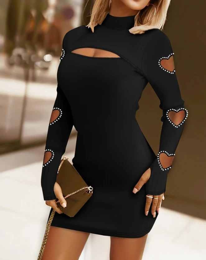 

Sexy Dresses Women Elegant Hollow Heart Beaded Cutout Bodycon Dress 2023 Autumn Winter Spring New Fashion Casual Female Clothing