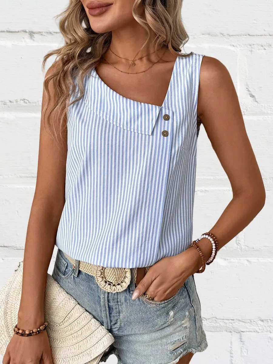 Women Summer Blue Striped Cami Top V Neck Sleeveless Tank Top Summer Casual Party Camisole