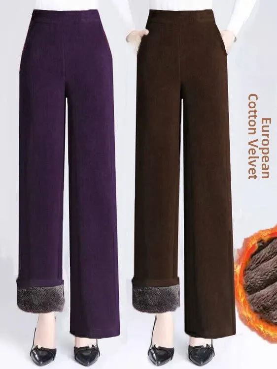 

Утепленные вельветовые брюки на флисовой подкладке с высокой талией, широкими штанинами, свободного кроя, осенне-зимние, теплые, женские, повседневные