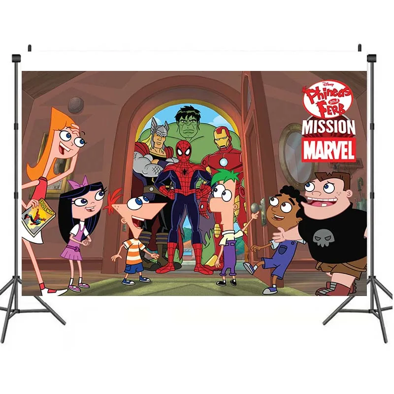 Cartoon Phineas and Ferb Kids Birthday Party Backdrop Supplies Baby Shower Photography Banner Photo Background For Table Decor
