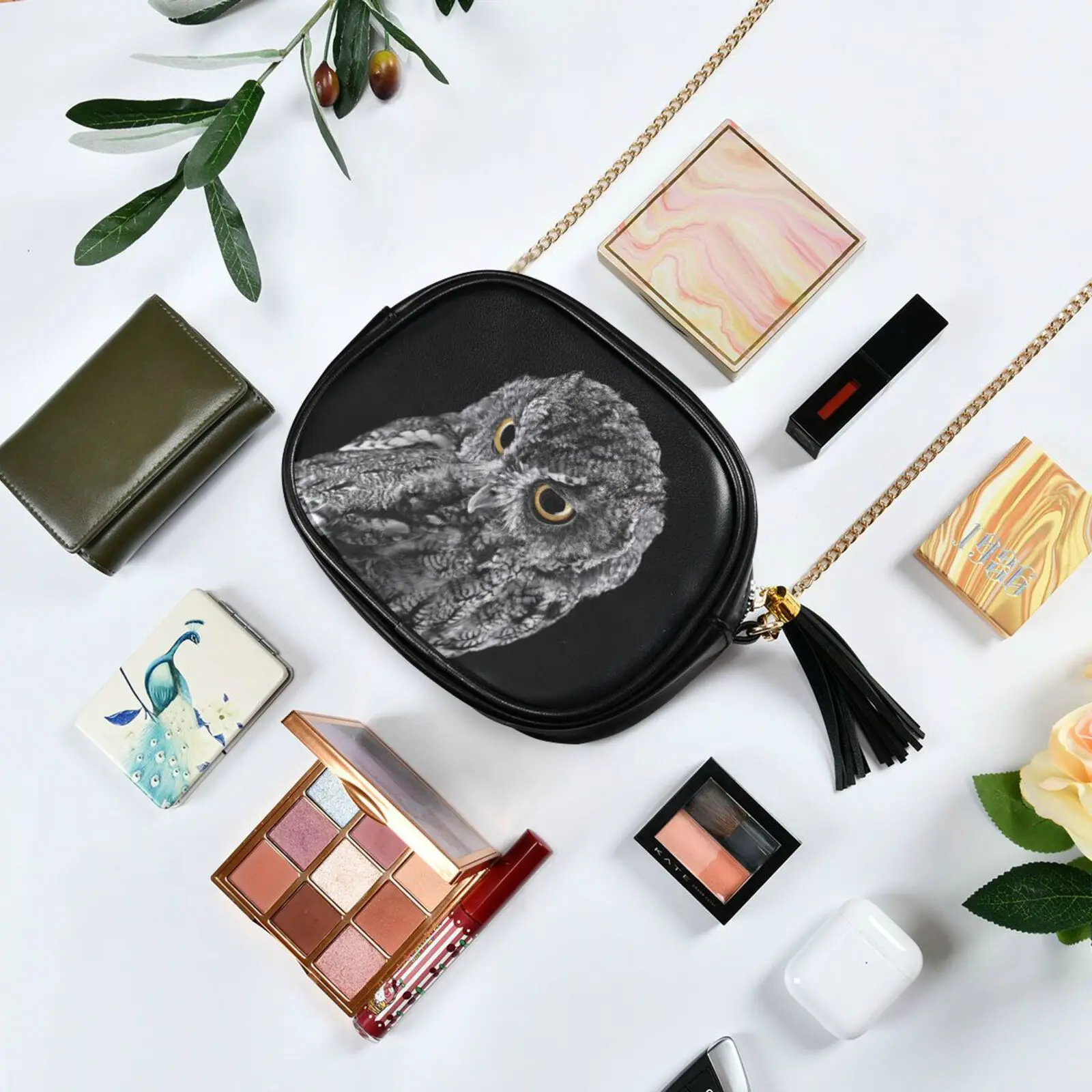 Fashion Crossbody bag Women's Chain Shoulder Bag PU leather Black owl print Handbag Females Mobile phone bag Shopping Bag New