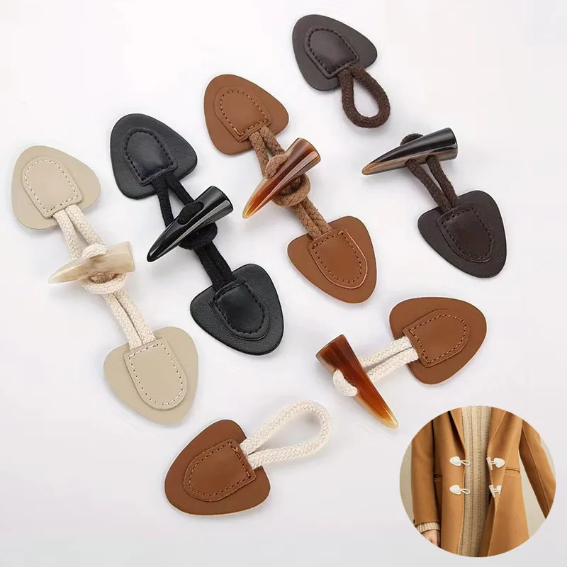4 pares de couro pu com fivela de chifre, prendedor de botão para casaco, jaqueta, suéter, faça você mesmo, roupas artesanais, decoração de costura