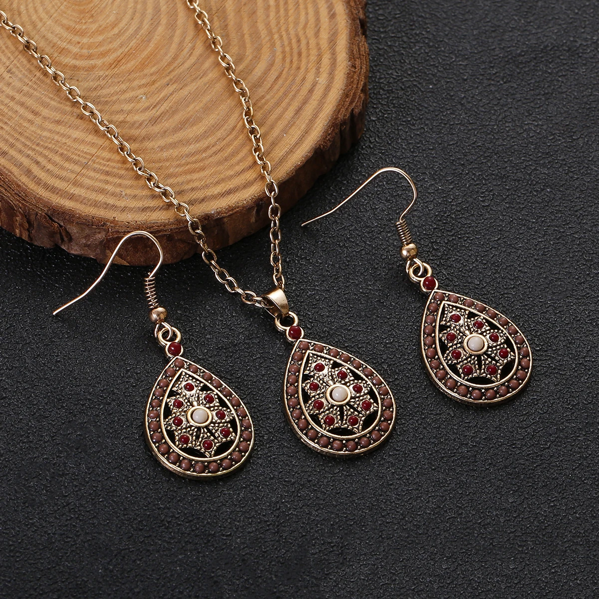 Boho Hollow Geometric Water Drop Jewelry Set for Women Colorful Beads Flower Earring/Necklace Sets Vintage Wedding Party Jewelry