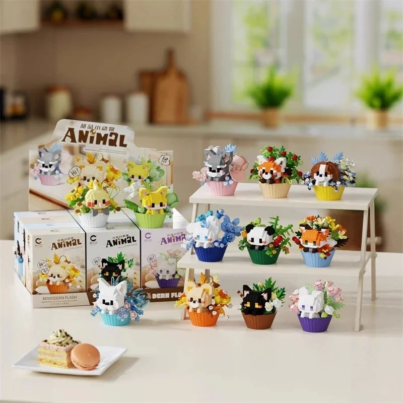

Dessert Theme Building Blocks Plastic Cute Cat Dog Rabbit Building Bricks Toys Cartoon Animals Potted Bouquet Blocks Kids Gifts