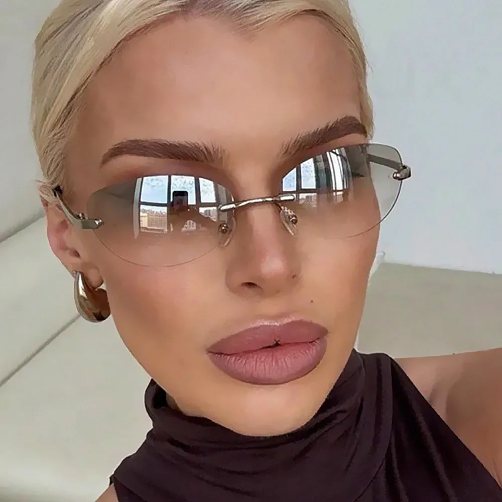 Rahmenlose Y2K-Sonnenbrille für Damen, Neue Mode, Kleine Katzenaugen-Sonnenbrille aus Legierung, Vintage-Fahrerbrille, UV400-Schutz – Detail 2