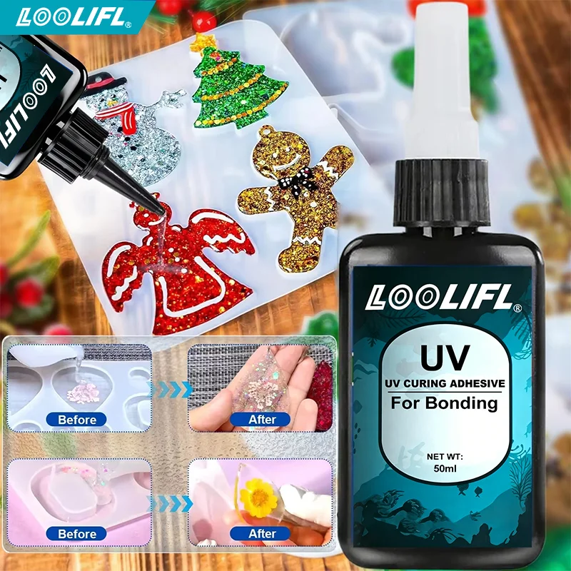 Loolifl Uv Curing Adhesive 50ml, Upgraded Version of Strong Uv Glue, Suitable for Bonding Glass, Plastic, Acrylic, Metal, Rubber, Ceramics, and Wood, Quickly Hardens under Uv Light, High-Strength Transparent Glue, Suitable for DIY Crafts, Jewelry Making, Glass Repair, Plastic Models, Office and Home Use