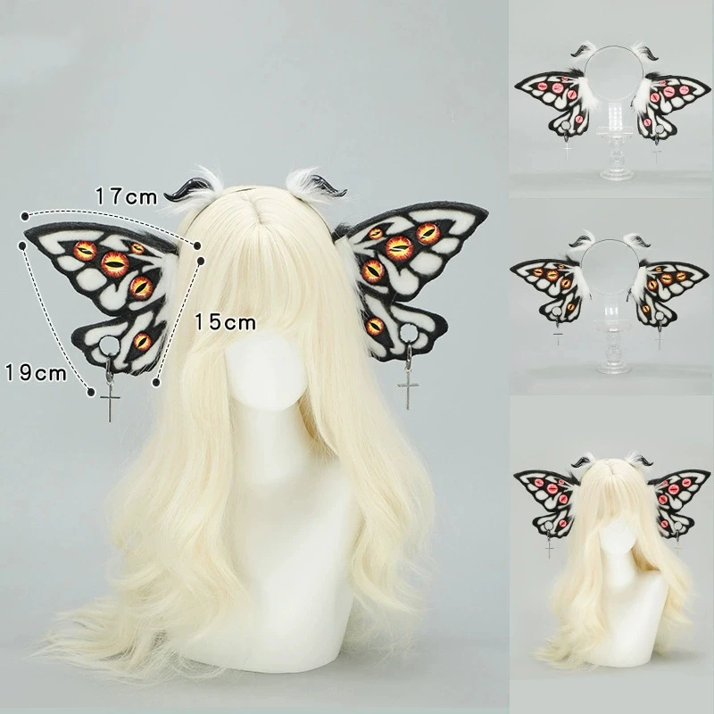 Women Girls Fantasy Evil Eye Headdress Plush Moth Ears Hairband Furry Lolita Headband Anime for Halloween Cosplay Accessories