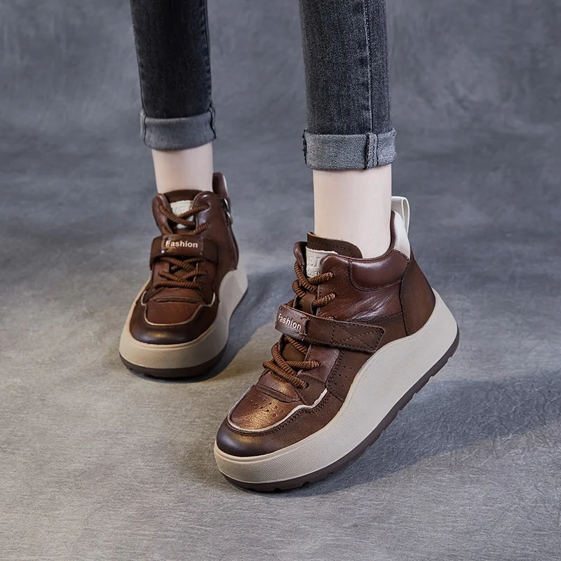 DRKANOL Fashion Women Chunky Platform Ankle Boots 2024 autumn Winter High Top Casual Sneakers Ladies Genuine Leather Short Boots