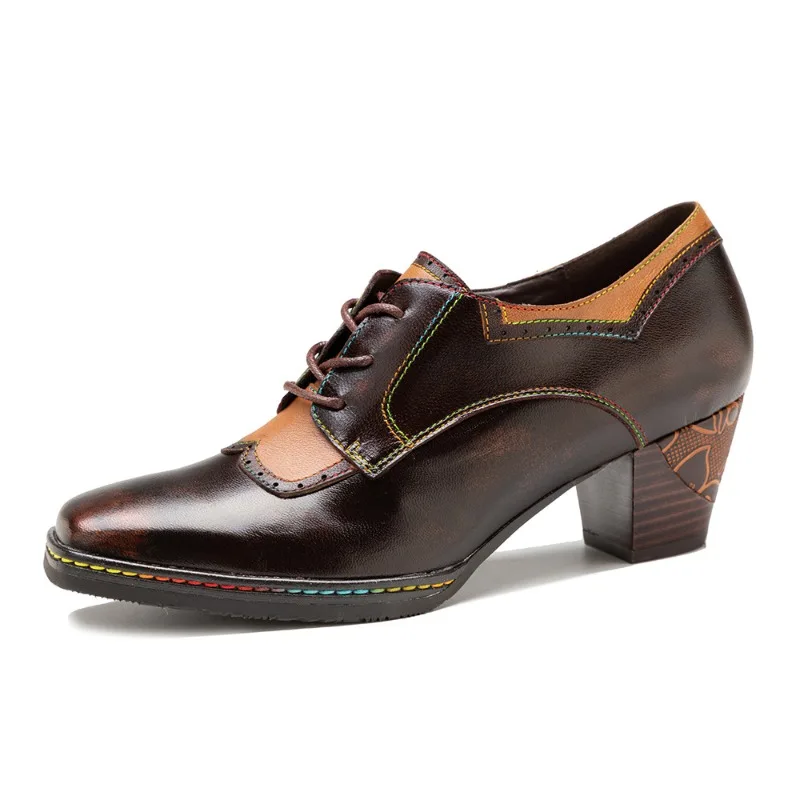 Retro Women's Genuine Leather High Heels Luxury Handmade 2026 Autumn Handmade British Style Brogues Social Pumps Shoes Woman