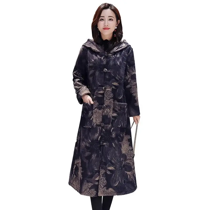 Vintage Hooded Fleece Jacket Overcoat 20023 Winter New Mother\'s Wear Large Size Loose Retro Plush Thickened Printed Coat Z3740