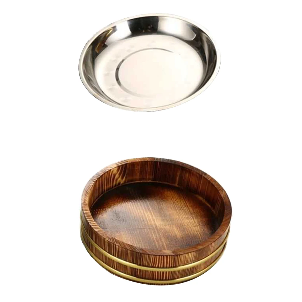 Round Wooden Barrel for Rice Sushi Lobster Stainless Steel Home Restaurant Practical Food Container Kitchen Barware Set