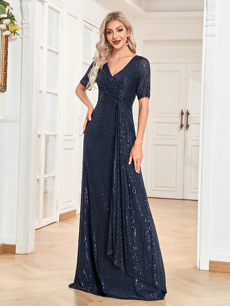 

Luxury Floor Length V-Neck Blue Evening Dresses Women Elegant Party Maxi Prom Sequins Short Sleeves Prom Cocktail Gowns