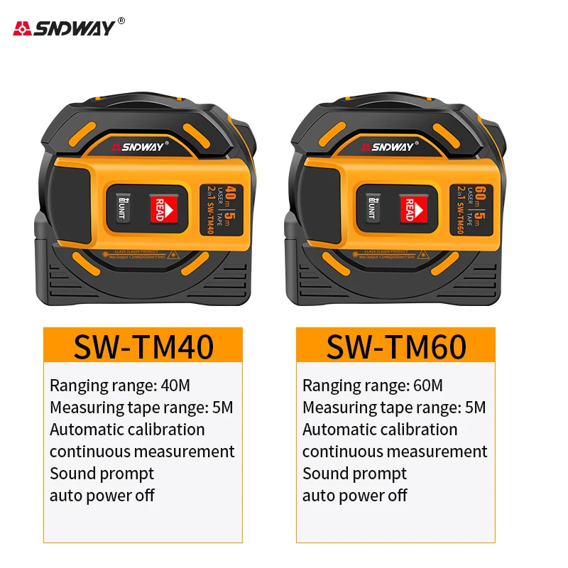 SNDWAY Laser Tape Measure 3 In 1 Digital Steel Tape Measure 40M 60M Distance Meter High Precision Rangefinder Electronic Ruler