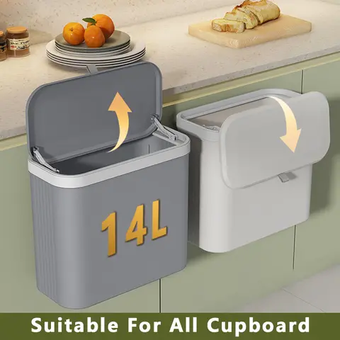 ONEKA 14L Kitchen Trash Can With Lid Hanging Trash Bin Garbage Can for Cabinet Cupboard Under Sink Compost Bin