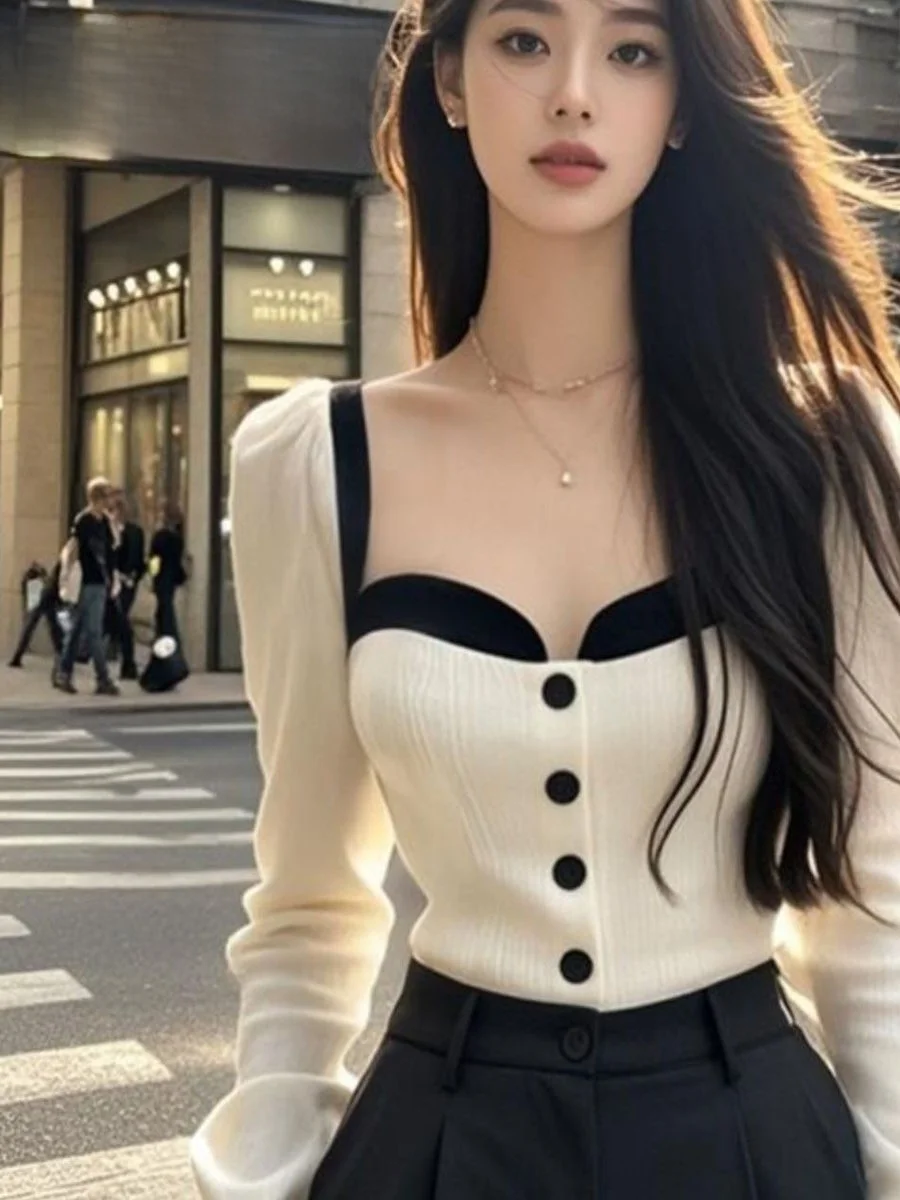 Pure Desire Style Long Sleeve Knitted Shirt Women's Slim Fit Base Layer Square Collar Color Block Knitwear Autumn Fashion