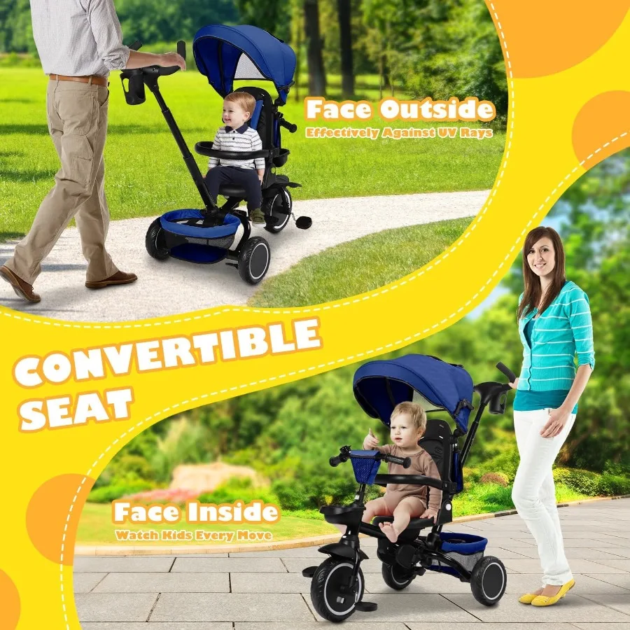 Opvouwbare driewieler 8-in-1 babydriewieler met verwijderbare en verstelbare luifel Ouderhandgreep 5-poorts veiligheidsharnas Peuterfietskinderwagen
