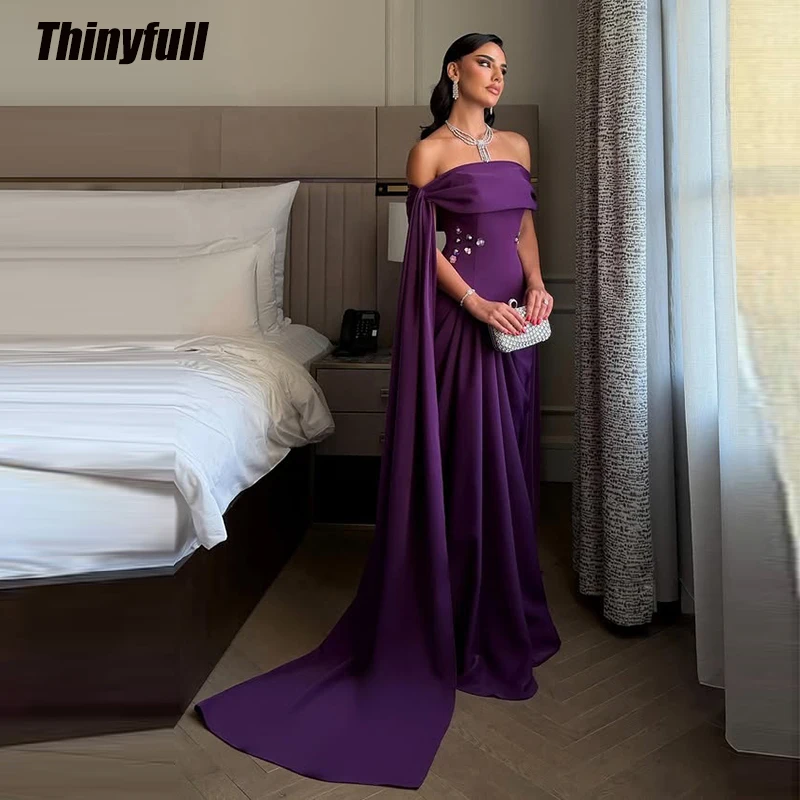 Thinyfull Mermaid Satin Arab Prom Dresses Off Shoulder Appliques Evening Dress Vestidos De Fiesta Elegantes Gown Customized