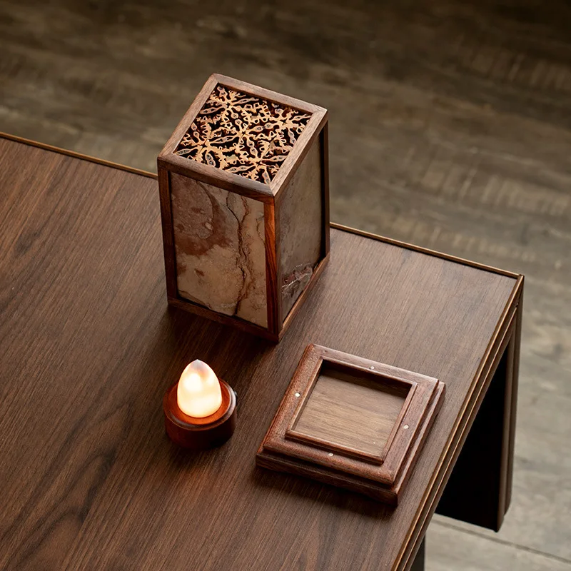 New Creative Zen Tea Room Atmosphere Light Ancient Fence Wabi Sabi Wind Square Rock Table Lamp Copper Base Decorative Ornament