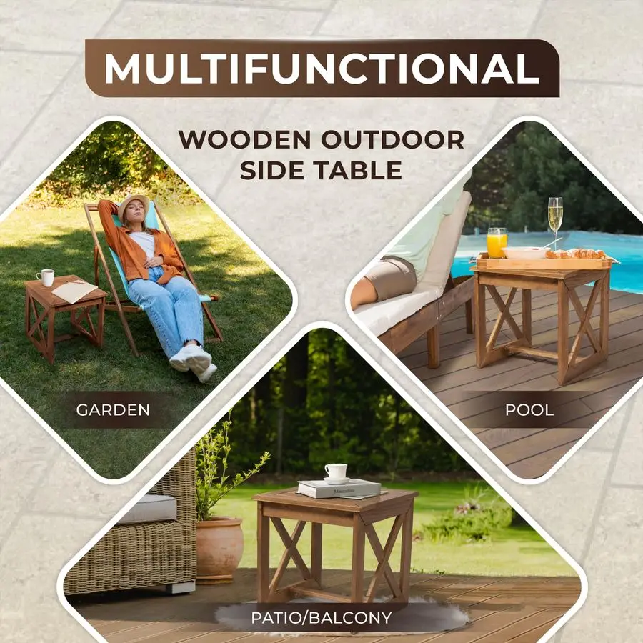 Acacia Wood Small Table, Outdoor Side Table for Patio, Poolside, Garden, Backyard, Entryway, Outdoor Space Xbraced Style