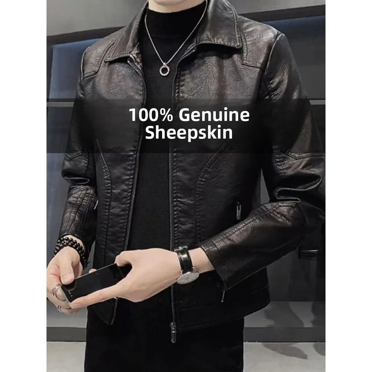 Autumn Winter Men's Genuine Leather Jaet Slim Fit Thiened Thin Sle Korean Version Collar Stand up Warm Casual Coat