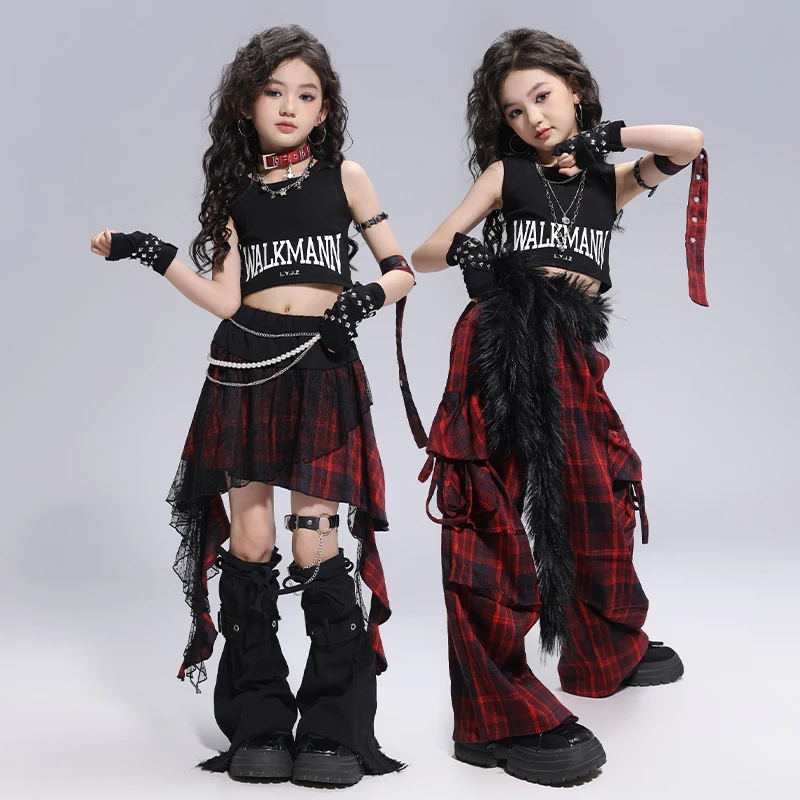 Abbigliamento Hip Hop per ragazze Punk Crop Top Pantaloni cargo Bambini Street Dance Gonna scozzese Set di vestiti Bambini Streetwear Abiti per adolescenti