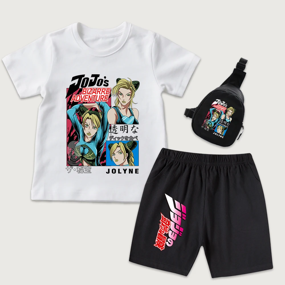 Jojo Jolyne Cujoh Anime Print Boys Girls Kids Cotton Outfit T Shirt Shorts and Mini Chest Bag 3 Piece Set for Summer