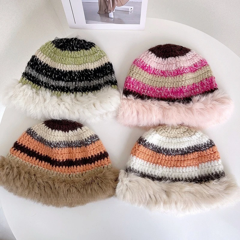 

Стильные и универсальные вязаные рыбацкие шапки с плюшевой строчкой для женщин, осенние и зимние теплые панамы с цветными блоками