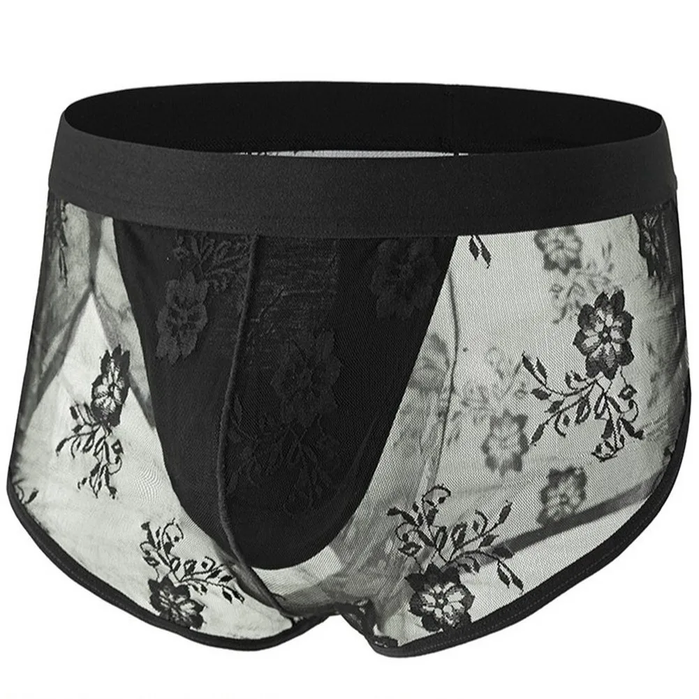 Men Floral Lace Ice Silk Boxer Shorts Bulge Pouch Underwear See Through Trunks Ultra-thin Transparent Breathable Sexy Underpants