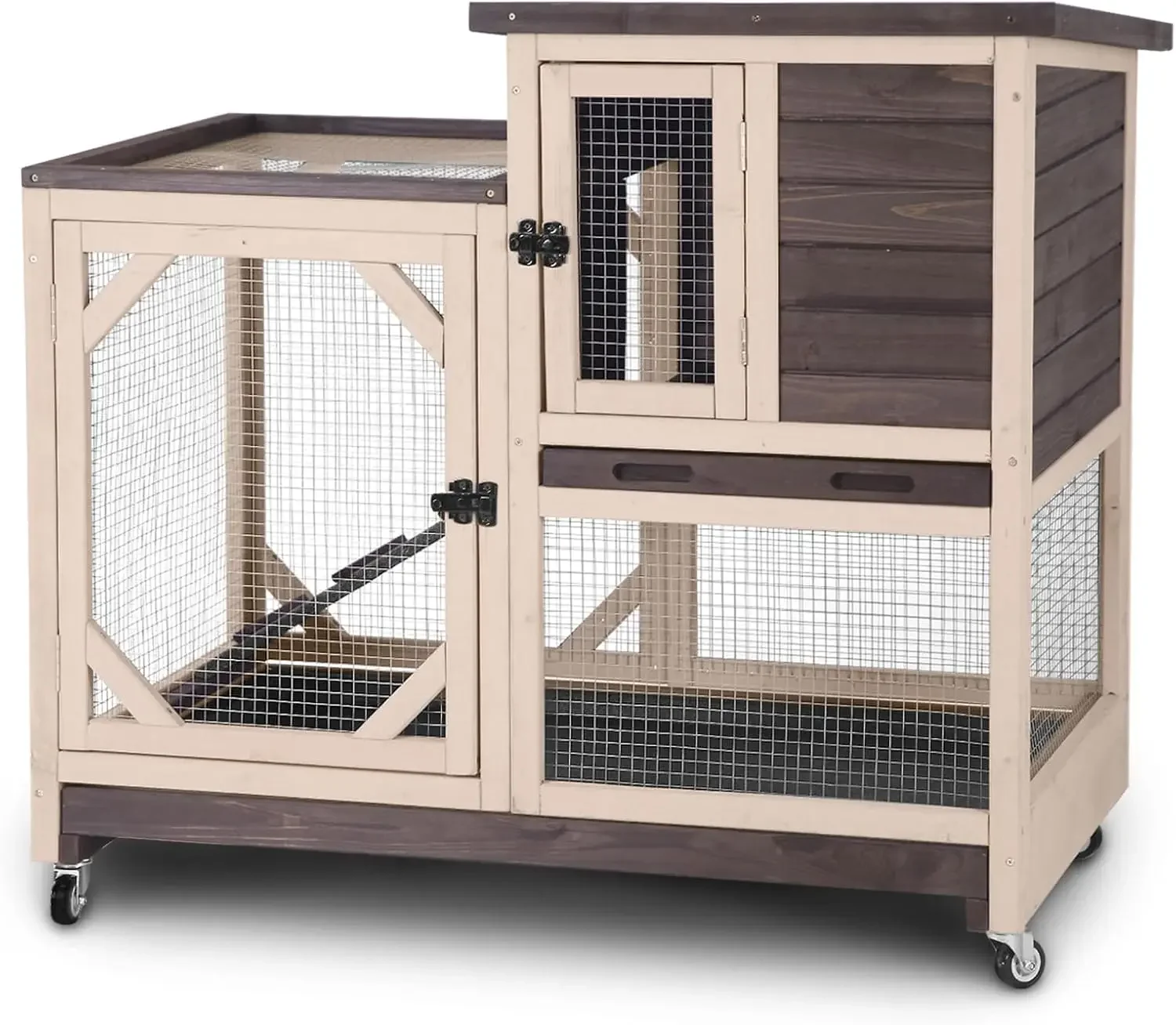 

Rabbit Hutch Indoor 2 Story with 3 Doors, Outdoor Bunny Cage with Movable Wheels and Easy Clean Trays for Guinea Pig Cage 40.6"
