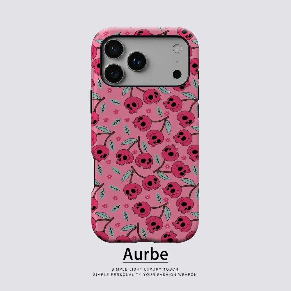 Aurbe Matte 2-in-1 Film Magsafe Hülle für iPhone 17 16 15 14 Plus 17 Pro Max Stoßfeste Hartschale Totenkopf Kirsch-Pop-Hülle