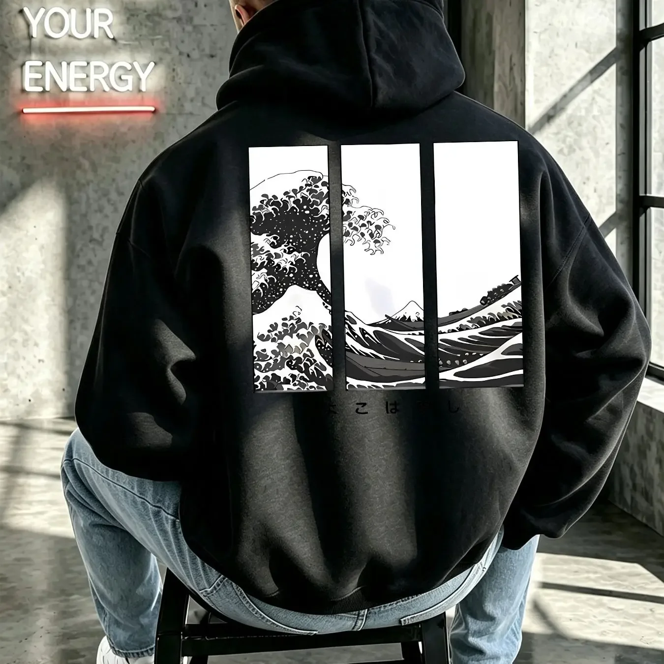 Vintage Ukiyo‑e Great Wave Split Panel Print Mens Hooded Sweatshirt Japanese Art Aesthetic Casual Street‑Style Hoodie