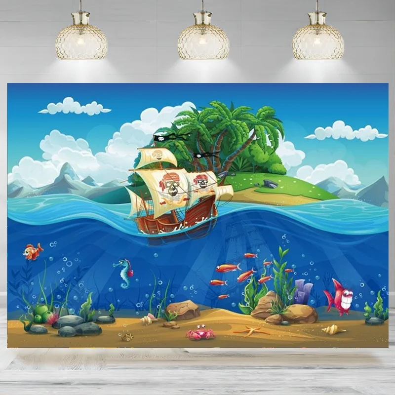 Fantasy Underwater World Backdrop Cartoon Seaworld Fishes Island  Pirate Ship Photographic Background Summer Holiday Banner